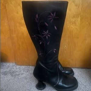 John Fluevog Black Knee-High Boots with Purple Floral Embroidery